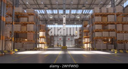 Retail warehouse full of shelves with cardboard boxes and packages. Logistics, storage, and delivery industrial background. 3d illustration Stock Photo