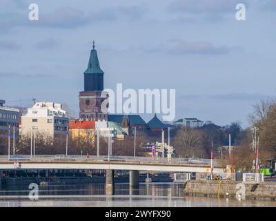 A beautiful sunny spring day. Martins bridge above Aurajoki and the ...
