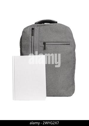Book hardcover mock up, textbook mockup at schoolbag, backpack isolated on white. Stock Photo