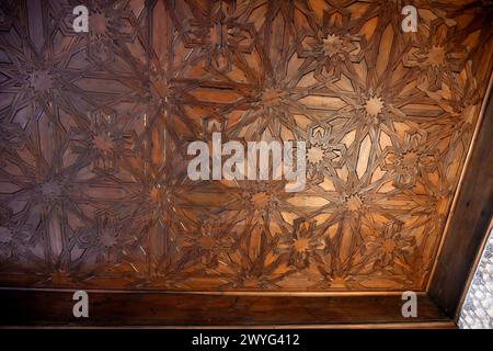 Ornate wooden ceiling in the Nasrid Palace Alhambra, Opulent Moorish-style of  Alhambra UNESCO world heritage site Granada, Andalusia, Spain Stock Photo