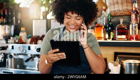 Tablet, bartender and happy woman on cellphone call, discussion and order alcohol stock, store delivery or distribution. Commerce, phone and small Stock Photo