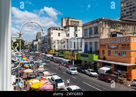 Belem, Brazil - December 24, 2023: Busy street view at the Ver o Peso market on Christmas Eve. Stock Photo