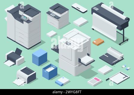 Isometric set of plotter, laminator, binder, cutter, risograph, laser printer and inkjet printer. Printing services, Printing house industry. Stock Vector