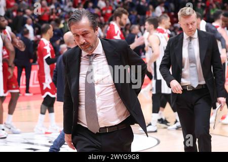 Milan, Italy. 05th Apr, 2024. Italy, Milan, April 5, 2024: Luca Banchi (Virtus head coach) leaves the court sad at the end of basketball game EA7 Emporio Armani Milan vs Virtus Segafredo Bologna, EuroLeague 2023-24 round 33EA7 Emporio Armani Milan vs Virtus Segafredo Bologna, EuroLeague 2023/2024 Round 33 at Mediolanum Forum (Photo by Fabrizio Andrea Bertani/Pacific Press/Sipa USA) Credit: Sipa USA/Alamy Live News Stock Photo