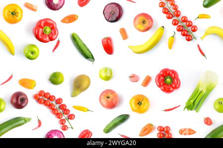 Seamless pattern of vegetables and fruits isolated on white background. Stock Photo