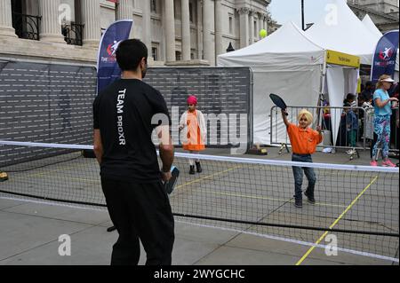 London, UK. 6th Apr, 2024. Sikh Games - Pickleball England stall at the Sikh 'Vaisakhi festival 2024', watching performances and being provided with free tea and food by the Sikh community in Trafalgar Square, London, UK. Credit: See Li/Picture Capital/Alamy Live News Stock Photo