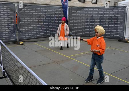 London, UK. 6th Apr, 2024. Sikh Games - Pickleball England stall at the Sikh 'Vaisakhi festival 2024', watching performances and being provided with free tea and food by the Sikh community in Trafalgar Square, London, UK. Credit: See Li/Picture Capital/Alamy Live News Stock Photo