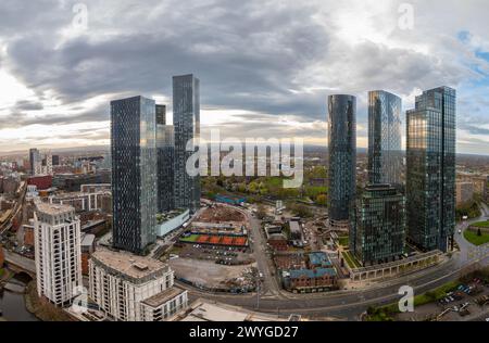 The Sunrises over Deansgate Square, a residential skyscraper cluster on the southern edge of Manchester City Centre, UK They are called, North, West, Stock Photo