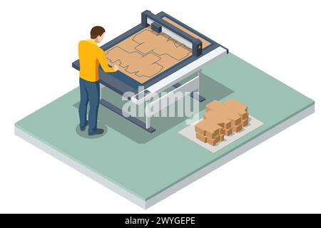 Isometric, Cutter in a printing company. Cutting plotter. Printing house production process facilities equipment. The man is working with laser cutter Stock Vector