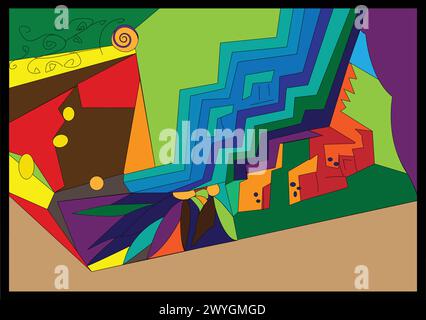 Abstract psychedelic landscape; Abstract geometric colorful seamless unique design Stock Vector