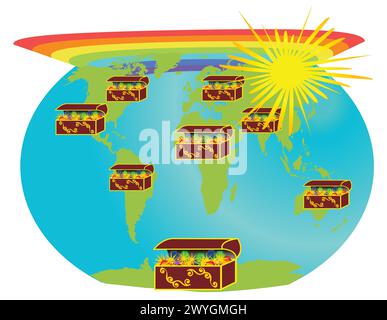 Artistic Planet Earth design with jewerly chests Stock Vector