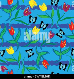 Colourful tulips floating in water with butterflies; creative design of flowers floating in water Stock Vector