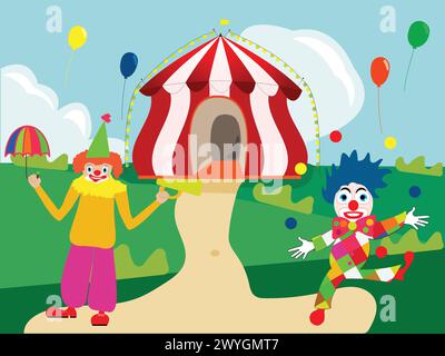 Circus theme landscape with clowns and tent Stock Vector