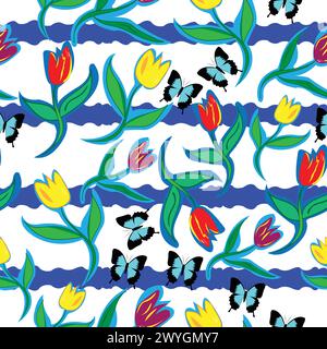 Colorful tulips with contour and butterflies seamless; vector illustration Stock Vector