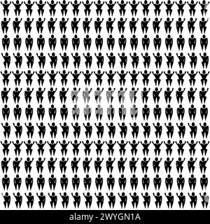 black figures of people making a gesture repeating rows; monochrome seamless patternraised hands and standing people little figures Stock Vector
