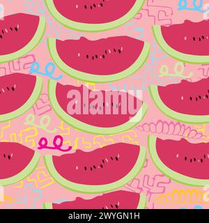 slices of watermelon seamless; colorful vector with slices of watermelon and decorative lines Stock Vector
