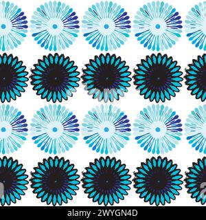 Series of artistic rosette seamless pattern; vector illustration with rows of blue flowers Stock Vector