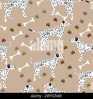 Dalmatian dog silhouette standing seamless pattern; cute dogs with bones and paw marks to print on accesories for dogs Stock Vector