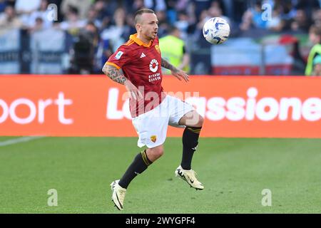 Rome, Lazio. 06th Apr, 2024. Angelino of AS Roma during the Serie A match between Roma v Lazio at Olympic stadium, Italy, March 06th, 2024. Credit Credit: massimo insabato/Alamy Live News Stock Photo