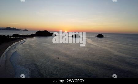 Aerial DJI drone view at sunset of Nacpan - Twin Beach - El Nido - Philippines Stock Photo