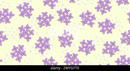 Seamless pattern with lilac, hydrangea or bluet flowers and abstract drops on yellow background, top view, vector illustration Stock Vector