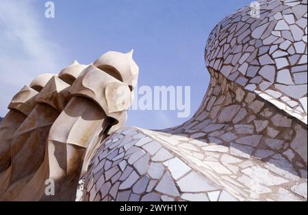 Detail of chimneys at roof terrace of Milà House (aka La Pedrera 1906-1912 by Gaudí). Barcelona. Spain. Stock Photo