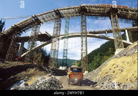 Viaduct construction, Eibar-Vitoria freeway, Soraluze, Gipuzkoa, Spain. Stock Photo