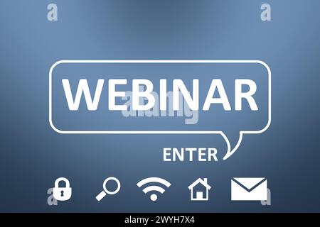 Webinar website page with word Enter and icons on grey background Stock Photo