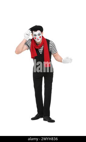 Funny mime artist in beret posing on white background Stock Photo