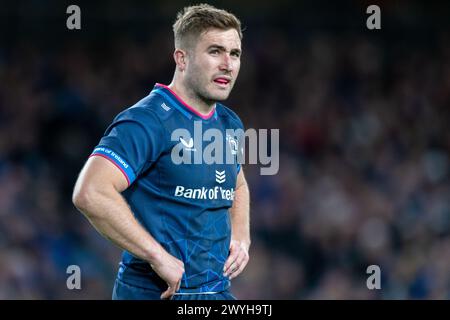 Dublin, Ireland. 07th Apr, 2024. Jordan Larmour of Leinster during the Investec Champions Cup, Round of 16 match between Leinster Rugby and Leicester Tigers at Aviva Stadium in Dublin, Ireland on April 6, 2024 (Photo by Andrew SURMA/ Credit: Sipa USA/Alamy Live News Stock Photo