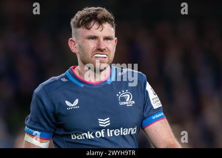 Dublin, Ireland. 07th Apr, 2024. Hugo Keenan of Leinster during the Investec Champions Cup, Round of 16 match between Leinster Rugby and Leicester Tigers at Aviva Stadium in Dublin, Ireland on April 6, 2024 (Photo by Andrew SURMA/ Credit: Sipa USA/Alamy Live News Stock Photo