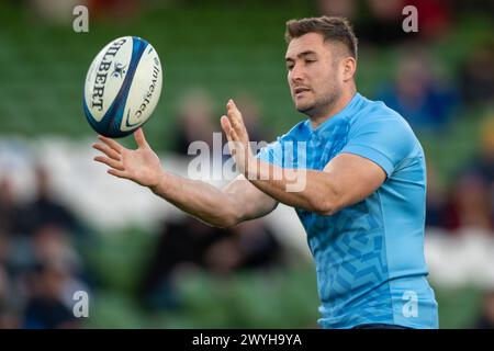 Dublin, Ireland. 07th Apr, 2024. Jordan Larmour of Leinster during the Investec Champions Cup, Round of 16 match between Leinster Rugby and Leicester Tigers at Aviva Stadium in Dublin, Ireland on April 6, 2024 (Photo by Andrew SURMA/ Credit: Sipa USA/Alamy Live News Stock Photo