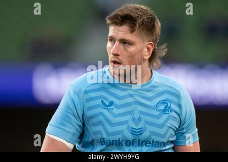 Dublin, Ireland. 07th Apr, 2024. Joe McCarthy of Leinster during the Investec Champions Cup, Round of 16 match between Leinster Rugby and Leicester Tigers at Aviva Stadium in Dublin, Ireland on April 6, 2024 (Photo by Andrew SURMA/ Credit: Sipa USA/Alamy Live News Stock Photo