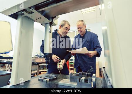 Dimensional control measures. Quality control. Machined Indecober. Machining of precision parts in series. Automotive industry. Berriz. Bizkaia. Basque Country. Spain. Stock Photo
