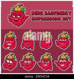 Cartoon Mascot Of  Raspberry Character with king and expression set. Vector And Illustration Stock Vector