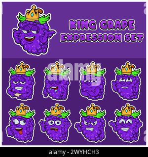 Cartoon Mascot Of  Grape Character with king and expression set. Vector And Illustration Stock Vector