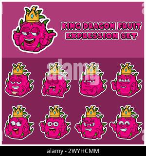 Cartoon Mascot Of Dragon Fuit Character with king and expression set. Vector And Illustration Stock Vector