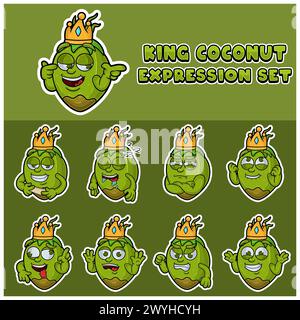 Cartoon Mascot Of Coconut Fuit Character with king and expression set. Vector And Illustration Stock Vector