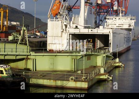 Cargo ship, Motorways of the Sea, RORO vessel with ramp. Port of Bilbao, Biscay, Basque Country, Spain. Stock Photo