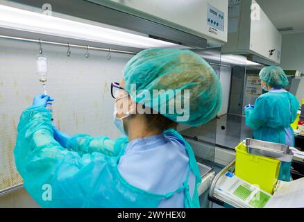 Preparation of drugs in laminar flow hood, epidural anesthesia, Clean room, Pharmacy, Hospital Donostia, San Sebastian, Gipuzkoa, Basque Country, Spain. Stock Photo