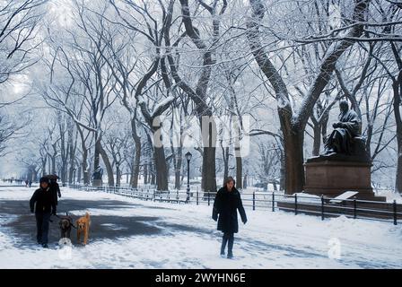 People enjoy a snowing winger day, walking solo or walking the dog through the Mall in New York's Central Park Stock Photo