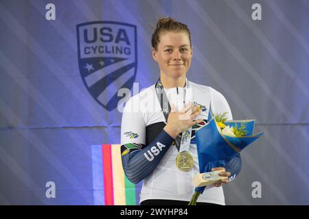 Los Angeles, California, USA. 6th Apr, 2024. Jennifer Valente of the United States, winner and gold medalist in the women's points race. This was her third gold medal of the competition. Credit: Casey B. Gibson/Alamy Live News Stock Photo