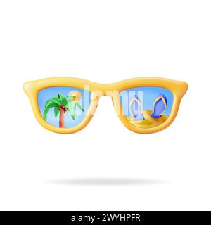 3D Sunglasses with Palm Trees and Beach Isolated Stock Vector