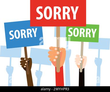 Hands holding placard with sorry sign. Social concept vector illustration. Stock Vector
