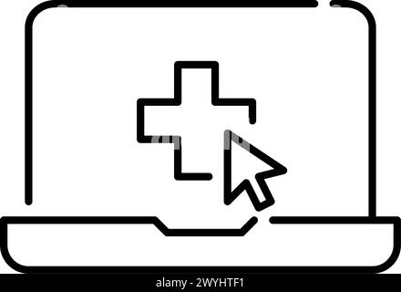 Online doctor visit. Laptop with mouse pointer on cross in browser page. Virtual medical appointments and consultations. Pixel perfect, editable strok Stock Vector