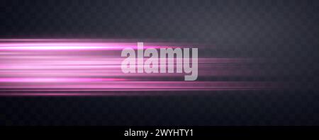 Speed rays, velocity light neon flow, zoom in motion effect, pink glow speed lines, colorful light trails, stripes. Abstract background, vector Stock Vector