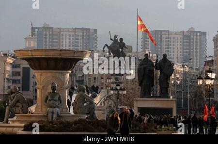 Everyday life in the downtown of the capital of the Republic of North Macedonia, Skopje.The statue of Alexander the Great. Stock Photo