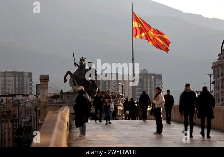 Everyday life in the downtown of the capital of the Republic of North Macedonia, Skopje.The statue of Alexander the Great. Stock Photo