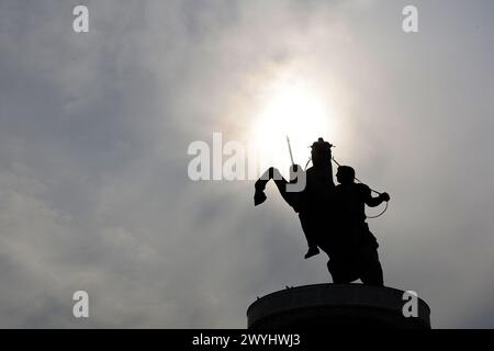 Everyday life in the downtown of the capital of the Republic of North Macedonia, Skopje. The statue of Alexander the Great. Stock Photo