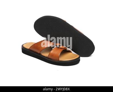 tan genuine leather sandals pair isolated Stock Photo